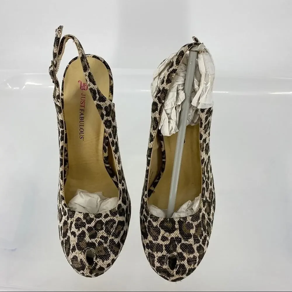 JustFab cheetah metallic cork sling back heels gold brown black buckle size 7.5